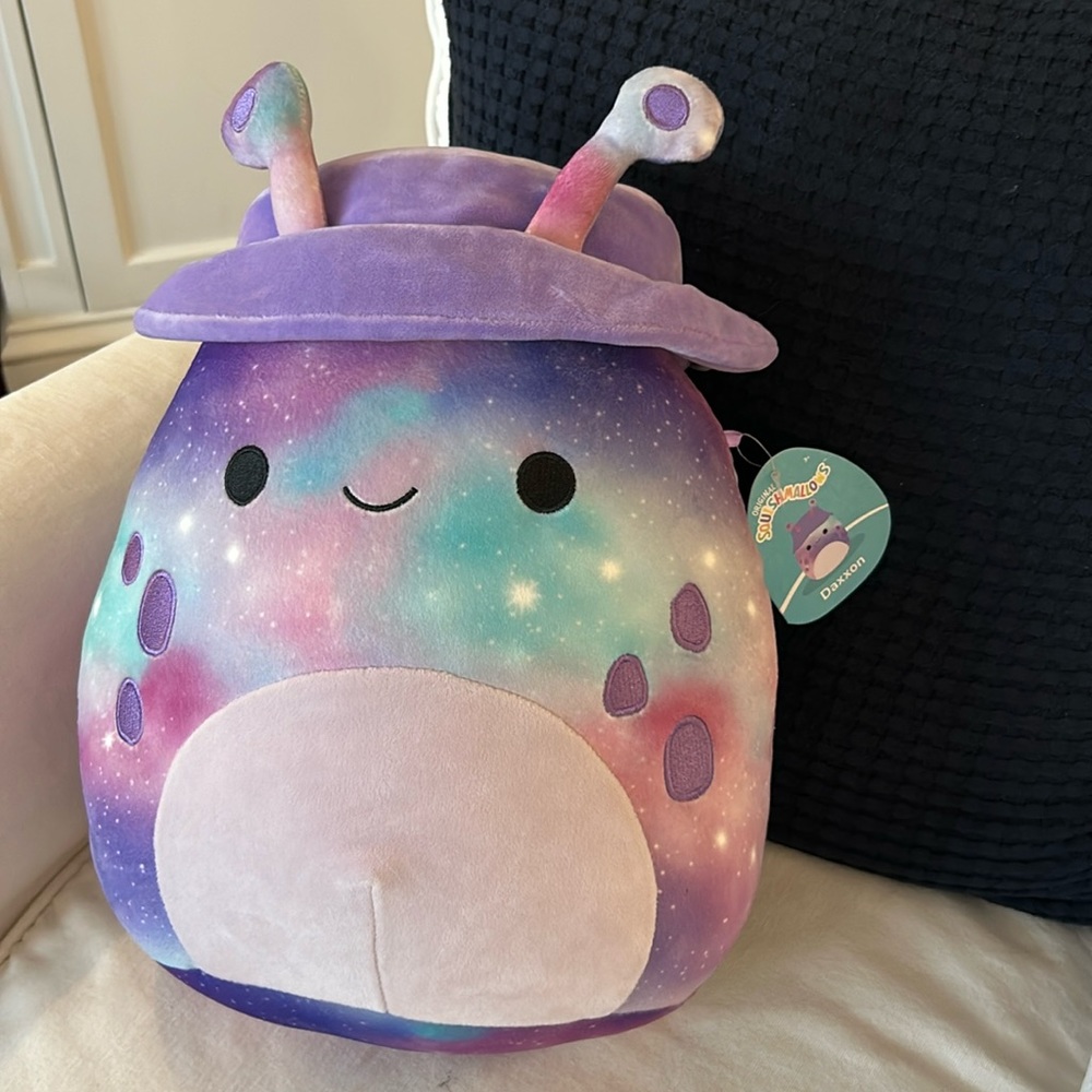 Alien Squishmallow with bucket hat